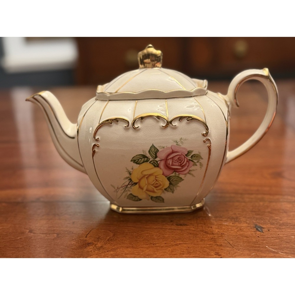 Vintage Sadler England Princess Cube Teapot Pink Yellow‎ Rose Gold Gilt 2251 A